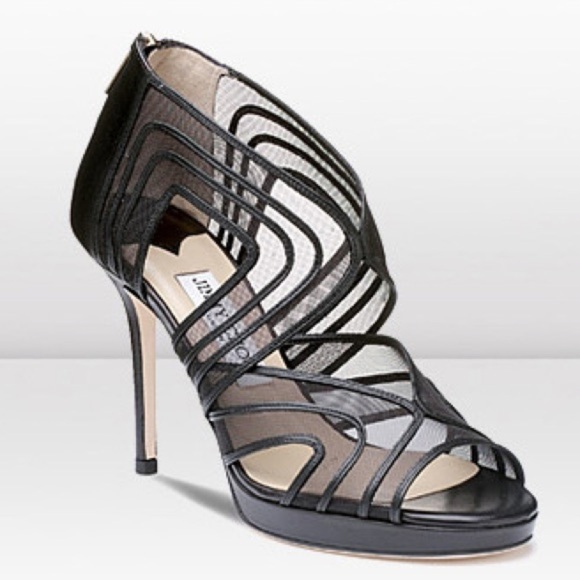 Jimmy Choo Miles Black Mesh Strappy Peep Toe Heels 39.5